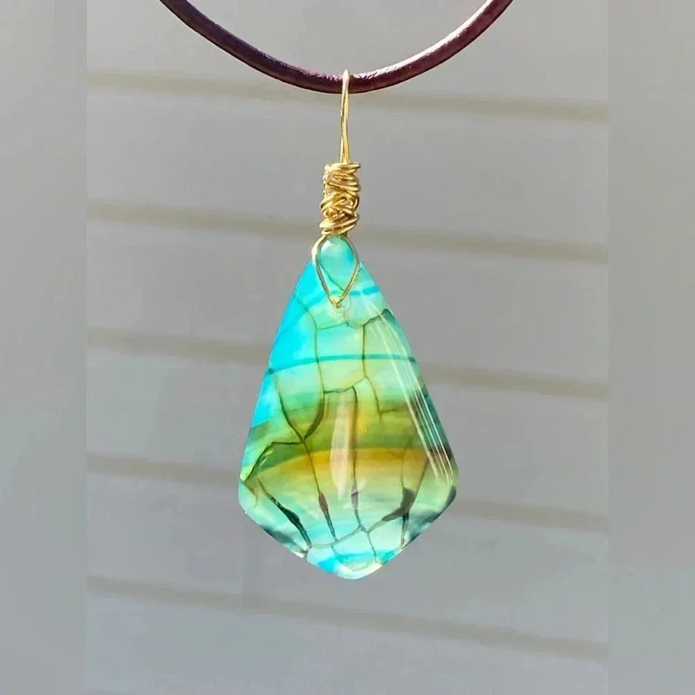 Handmade Aqua Blue Green Dragons Vein Agate Slider Necklace
